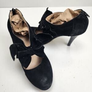 Y2K Velvet Heels w/ Loopy Front Bow Black Formal Dressy Pumps Women's Size 10.5